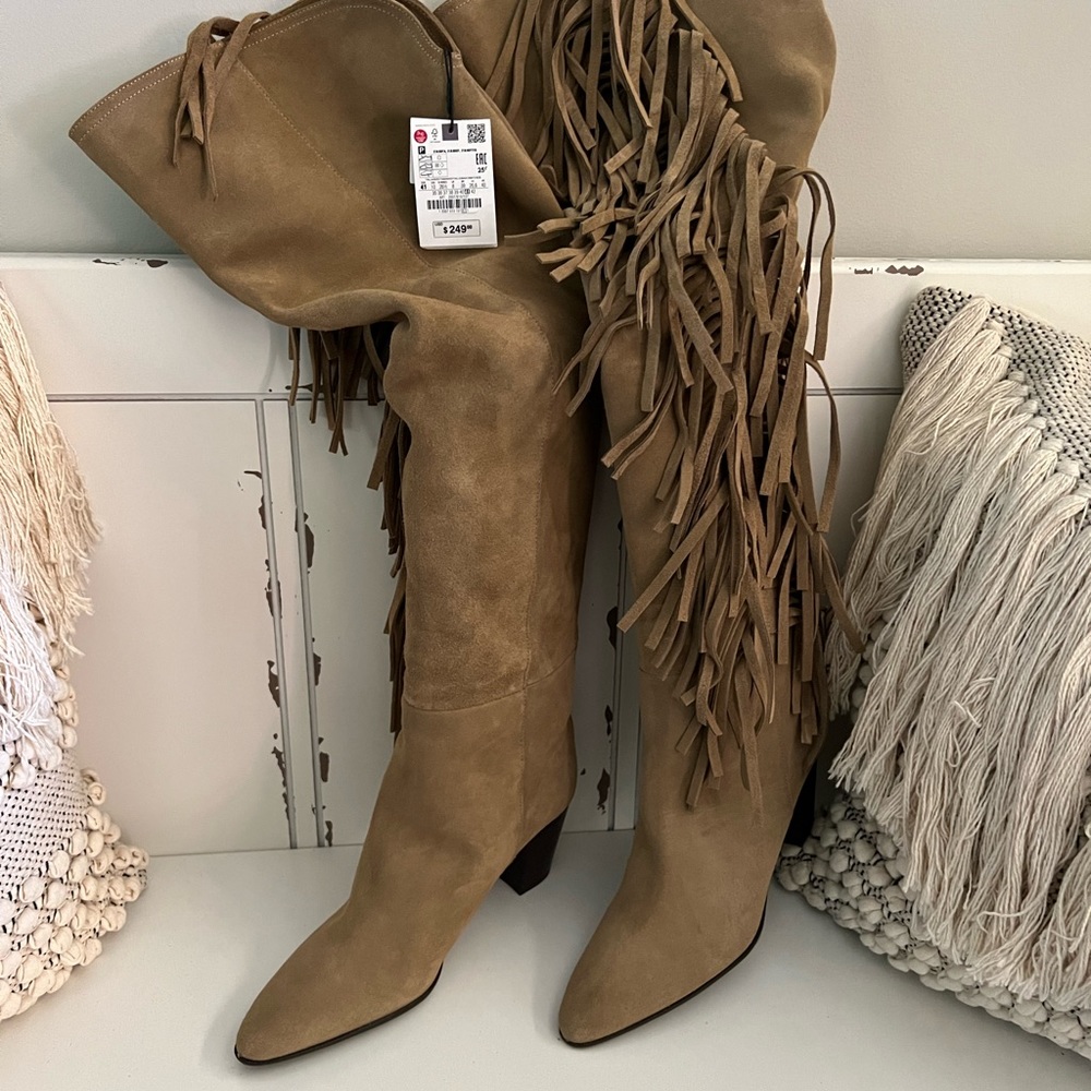 Zara Fringed over the knee split leather boots size 10